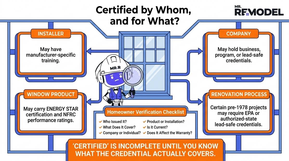 Editorial infographic explaining that window certifications may apply to the installer, company, window product, or renovation process, and homeowners should verify who issued each credential and what it covers.